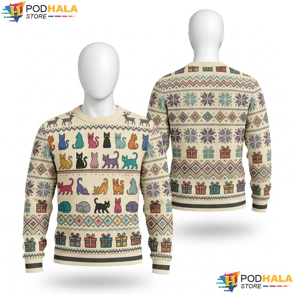 Cream Cat Playful Snowflake Ugly Sweater Cute Festive Holiday Apparel