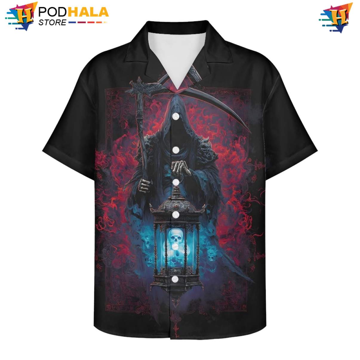 Crimson Reaper Aloha Shirt Mens Floral Spread Collar Beach Button Down Top