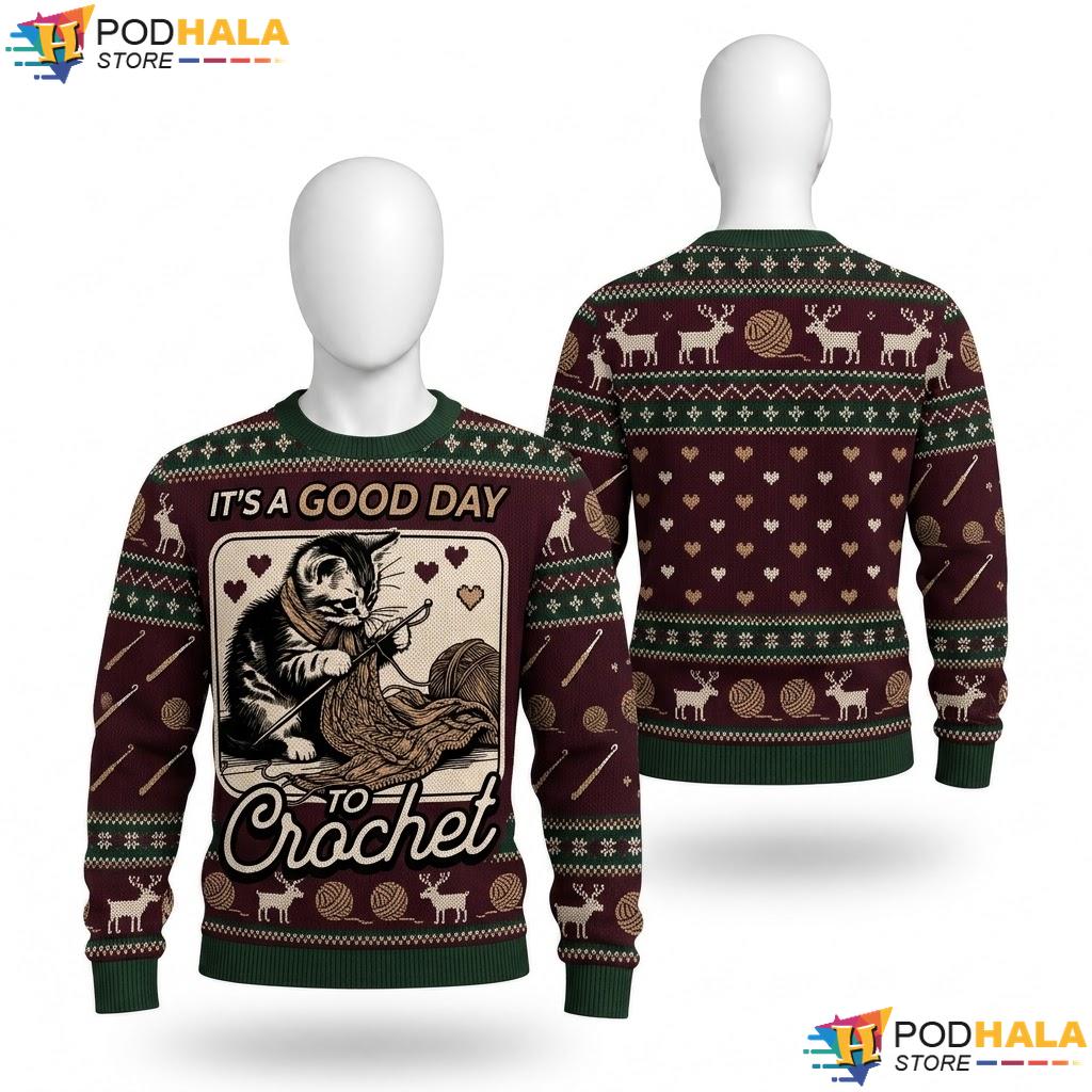 Crochet Cat Retro Vintage Christmas Sweater Good Day Lovers Top