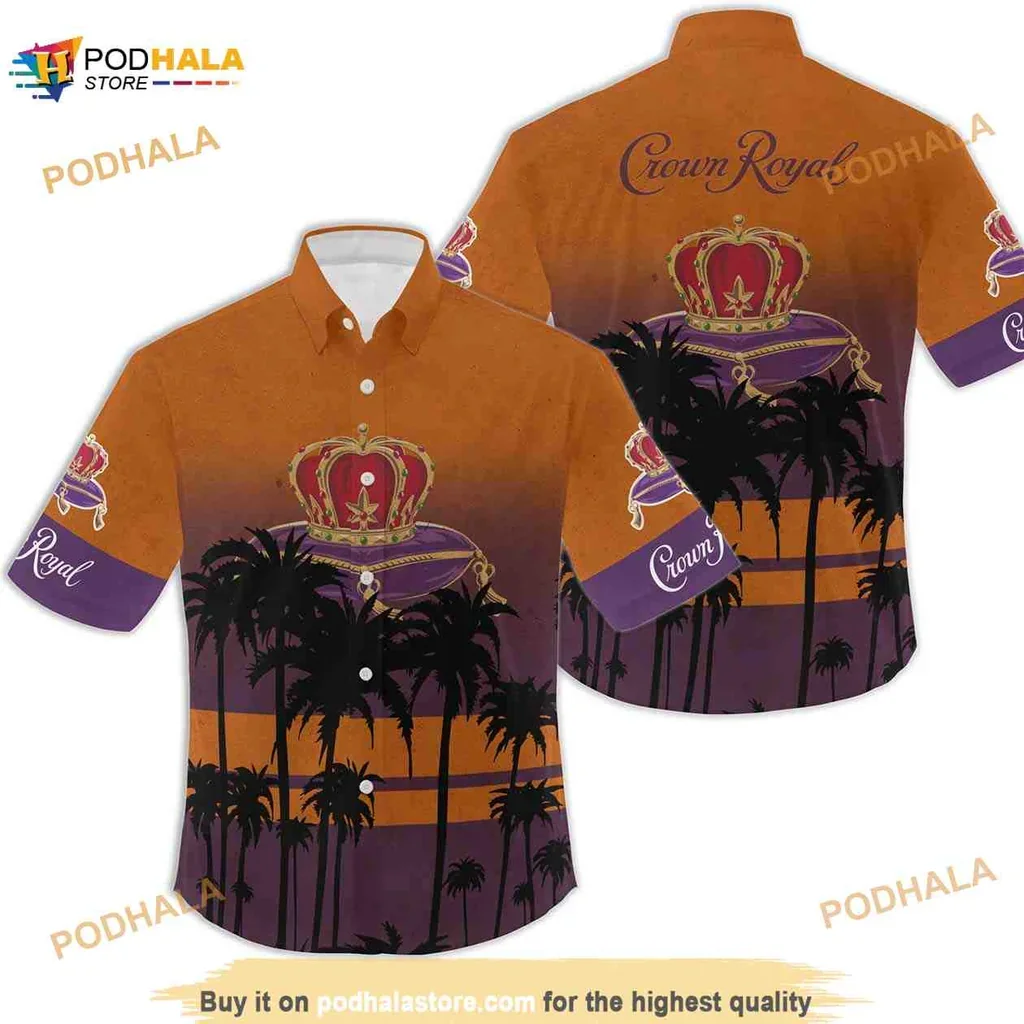 Crown Royal Tropical Hawaiian Shirt With Sunset And Palm Trees