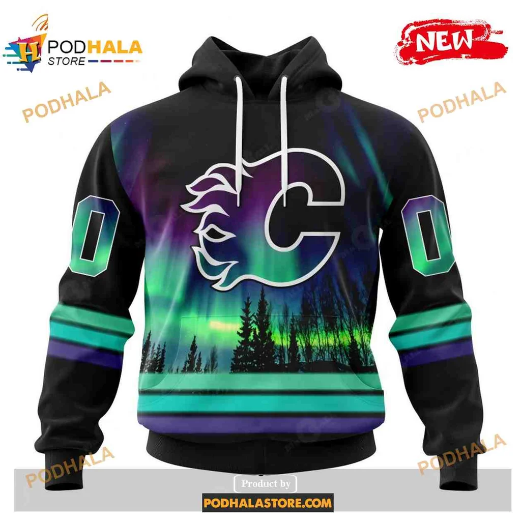 Custom Calgary Flames Northern Lights 3D Print Hoodie With Personalized Name Custom Calgary Flames Northern Lights 3D Print Hoodie With Personalized Name