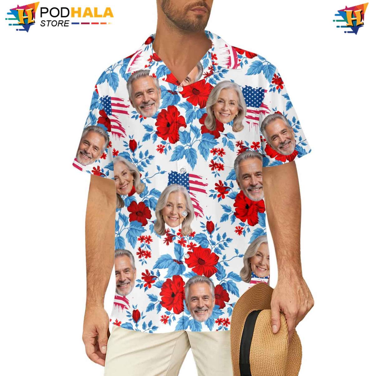 Custom Flag Faces Short-sleeve button-up shirt Personalized Photo Fourth Of July Outfit Custom Flag Faces Short-sleeve button-up shirt Personalized Photo Fourth Of July Outfit