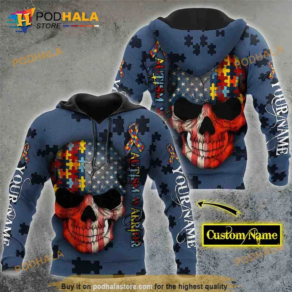 Custom Name Autism Puzzle Skull 3d Hoodie With Colorful Design