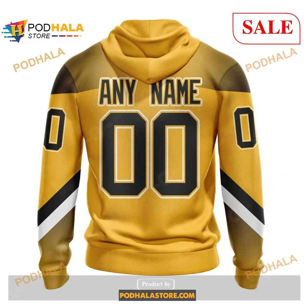Custom Pittsburgh Penguins Gold Hoodie With Bold Black Stripes And Number - View 1 Custom Pittsburgh Penguins Gold Hoodie With Bold Black Stripes And Number - View 1