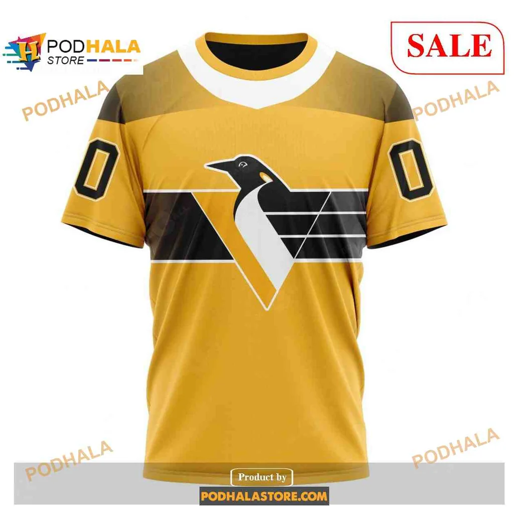 Custom Pittsburgh Penguins Gold Hoodie With Bold Black Stripes And Number - View 2 Custom Pittsburgh Penguins Gold Hoodie With Bold Black Stripes And Number - View 2