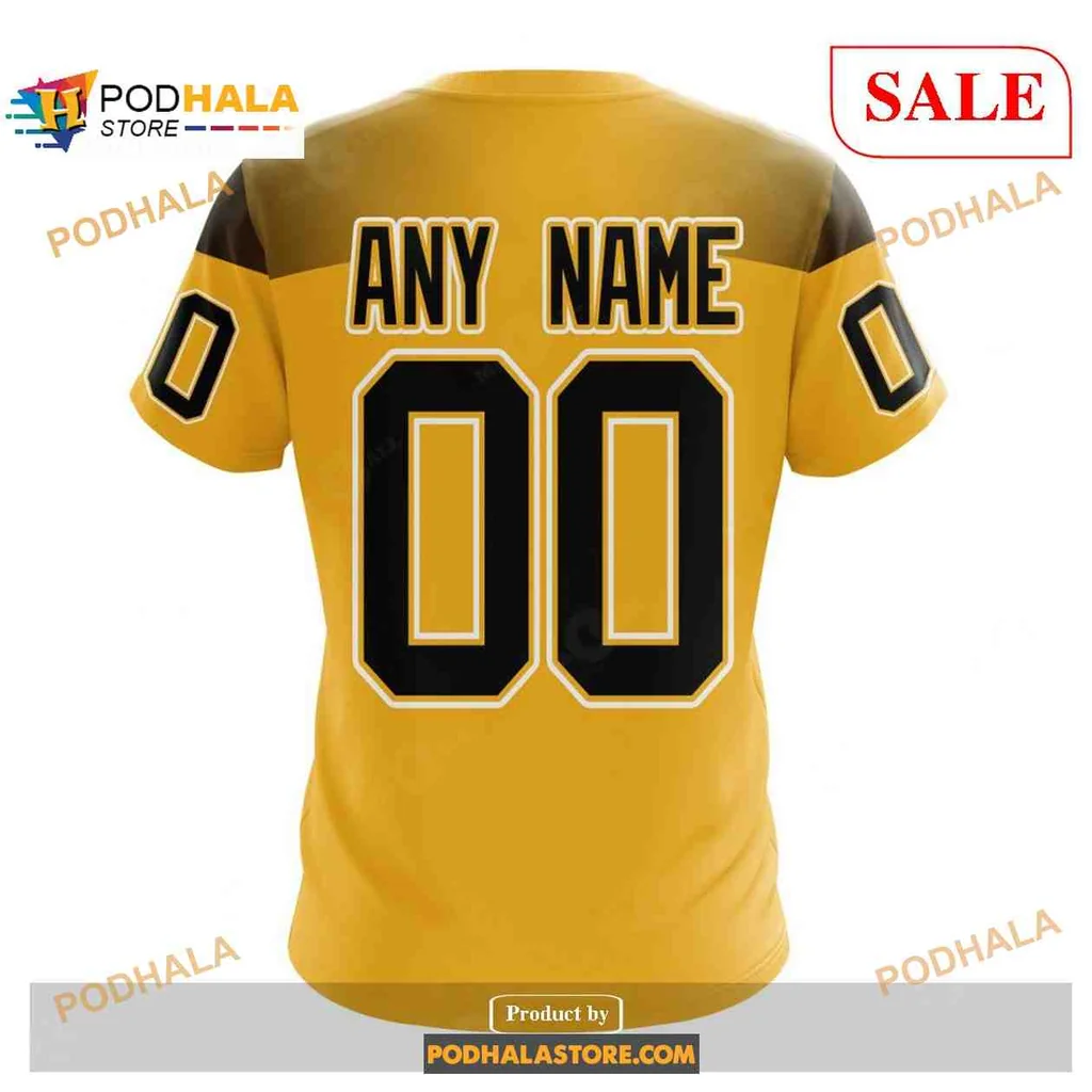 Custom Pittsburgh Penguins Gold Hoodie With Bold Black Stripes And Number - View 3 Custom Pittsburgh Penguins Gold Hoodie With Bold Black Stripes And Number - View 3