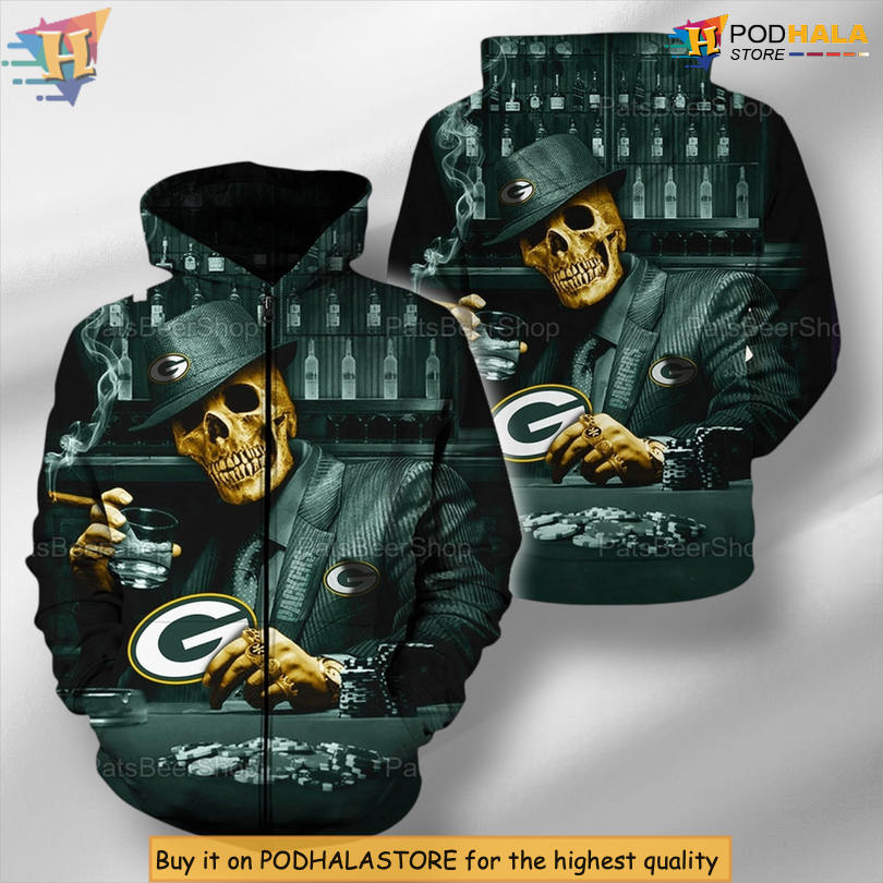 Custom Zippered Skull Green Bay Packers Hoodie 3D NFL Football Gift Wear
