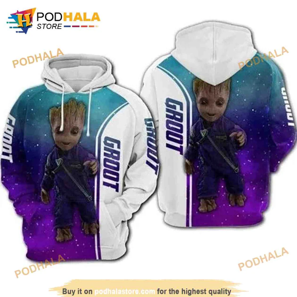 Cute Baby Groot Galaxy 3d Hoodie With Cosmic Purple Background