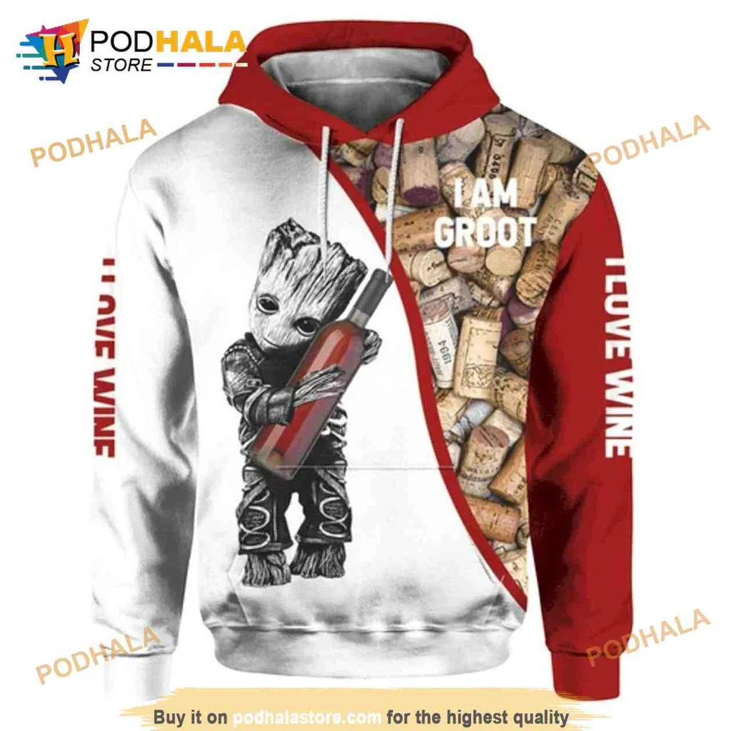 Cute Baby Groot Wine Lover 3d Hoodie, I Love Wine Design