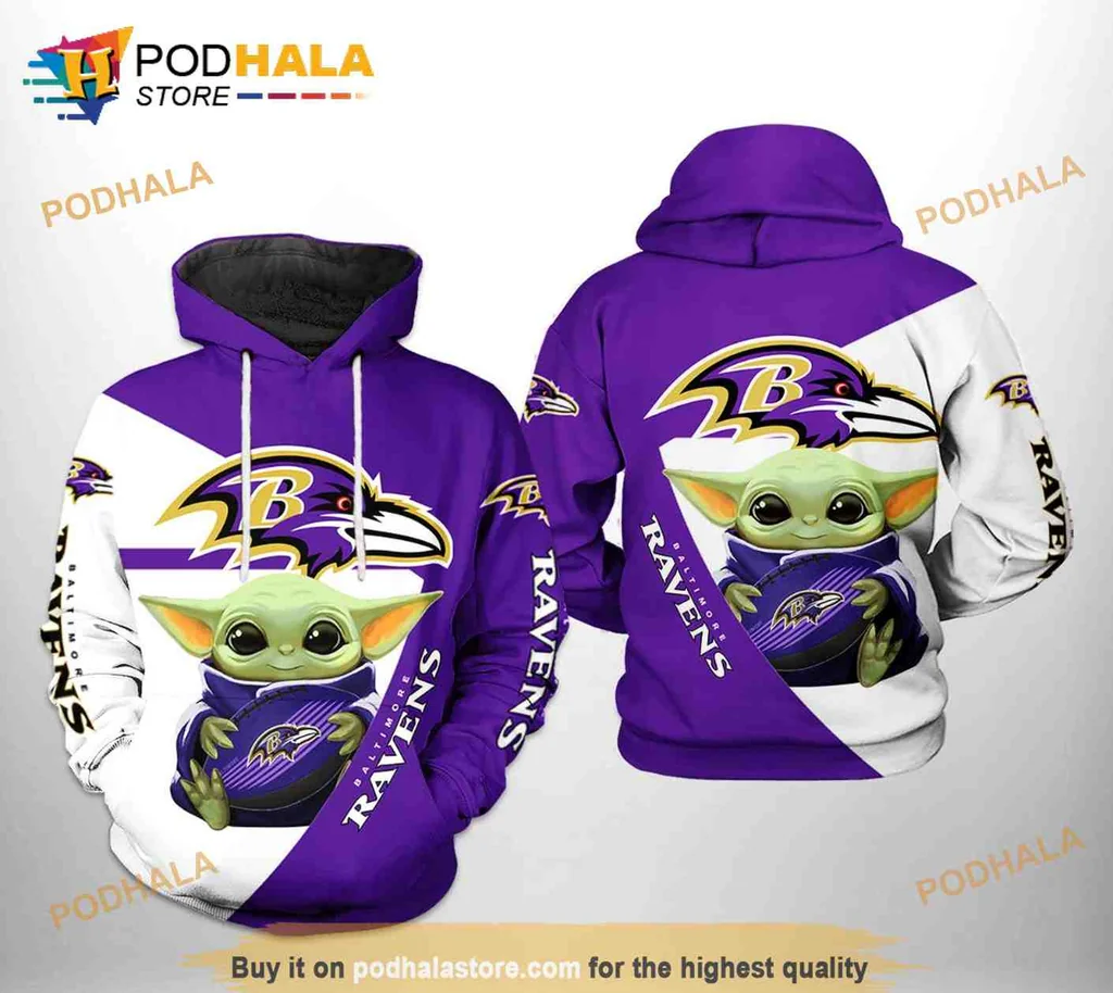 Cute Baby Yoda Baltimore Ravens 3d Printed Hoodie With Team Logo