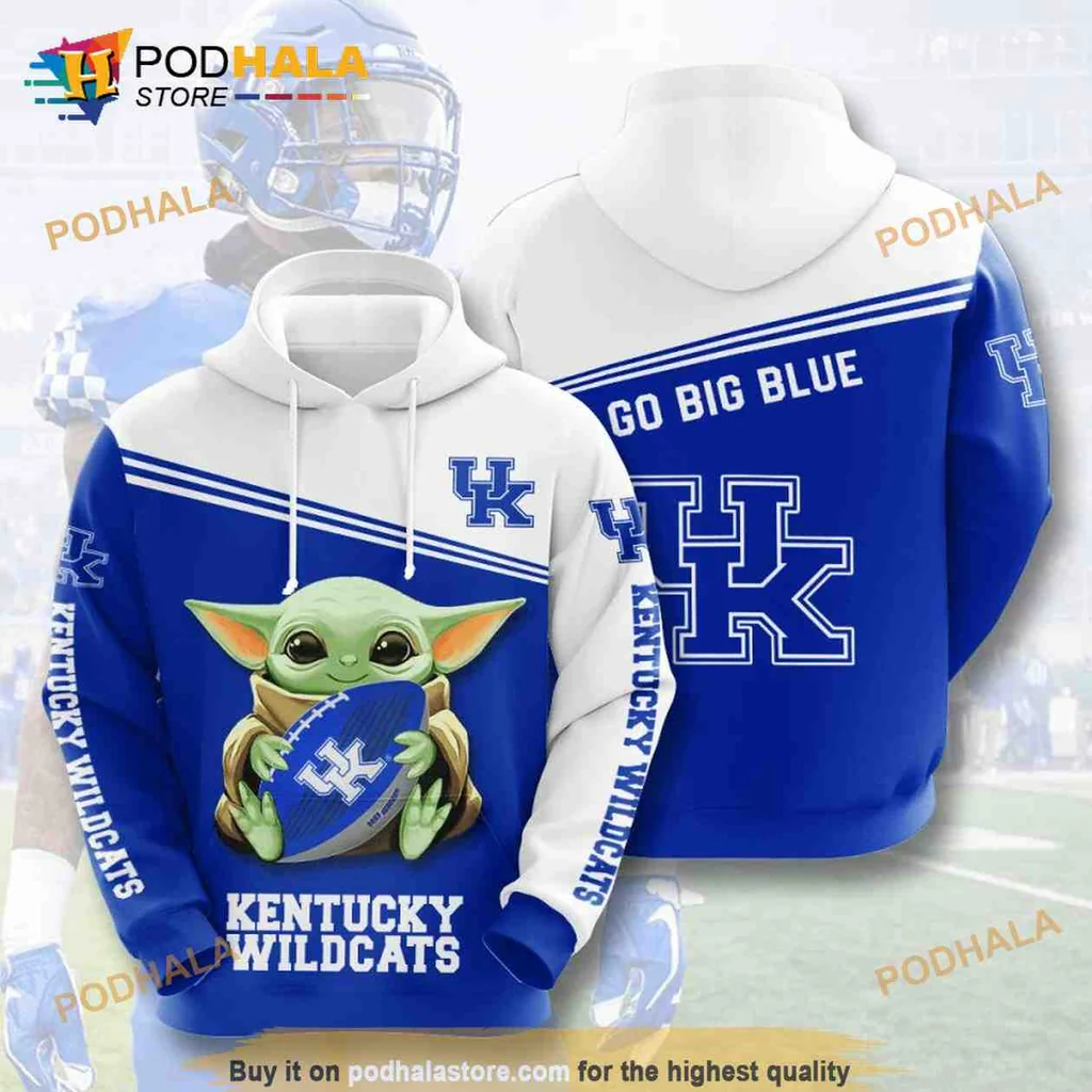 Cute Baby Yoda Kentucky Wildcats 3d Hoodie With Blue Football Design