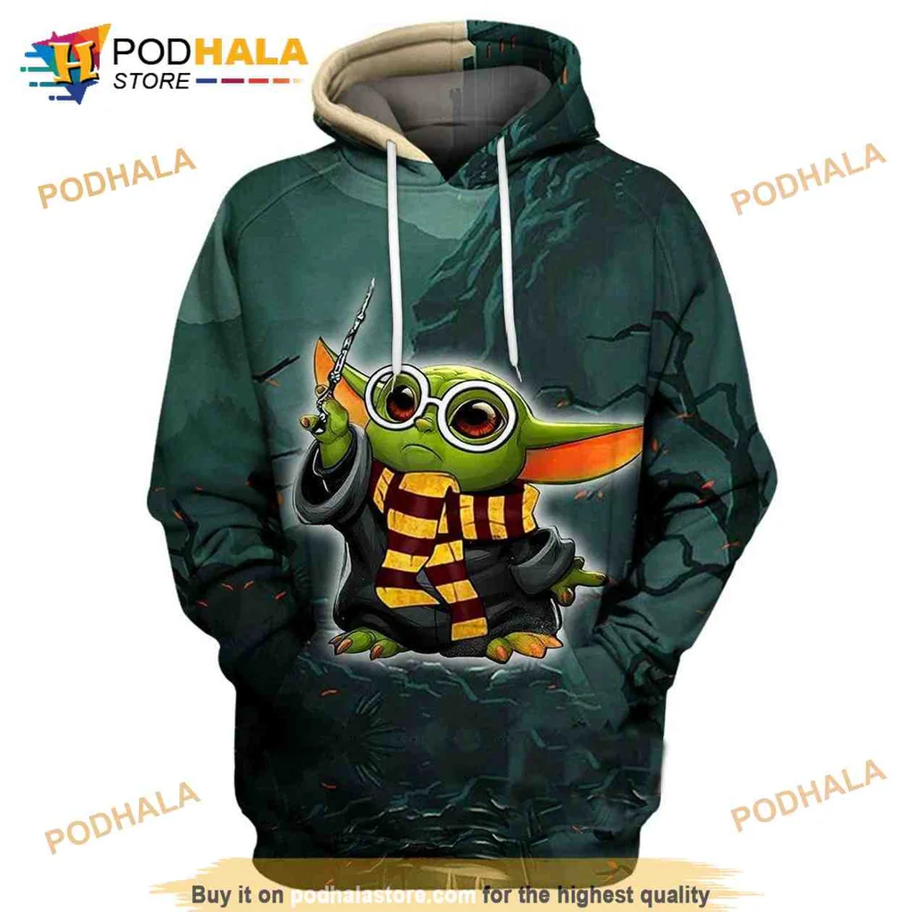 Cute Baby Yoda Wizard 3d Hoodie With Magical Illustration