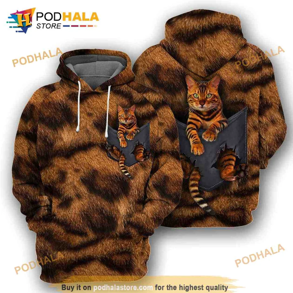 Cute Bengal Cat 3d Hoodie Featuring Realistic Fur Print And Pocket Design