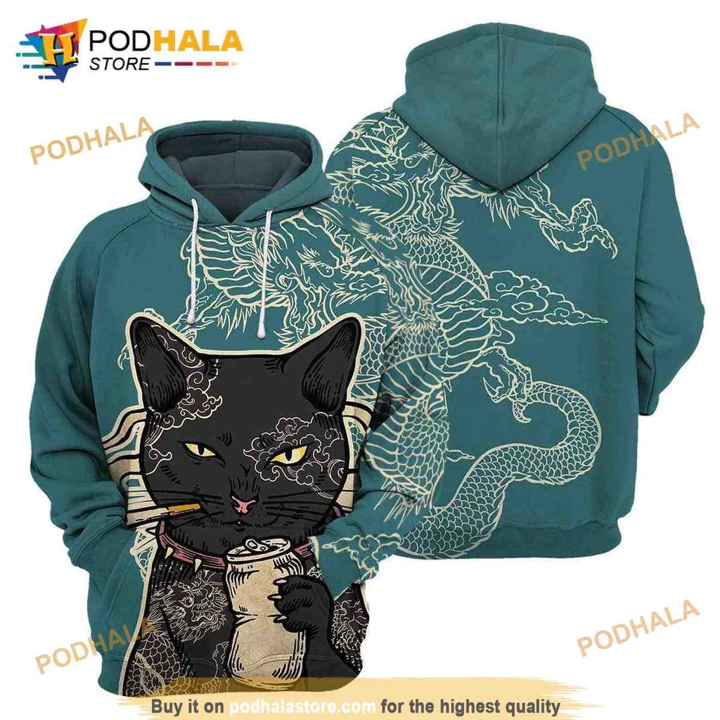 Cute Black Cat Dragon 3d Hoodie With Floral Patterns For Cat Lovers