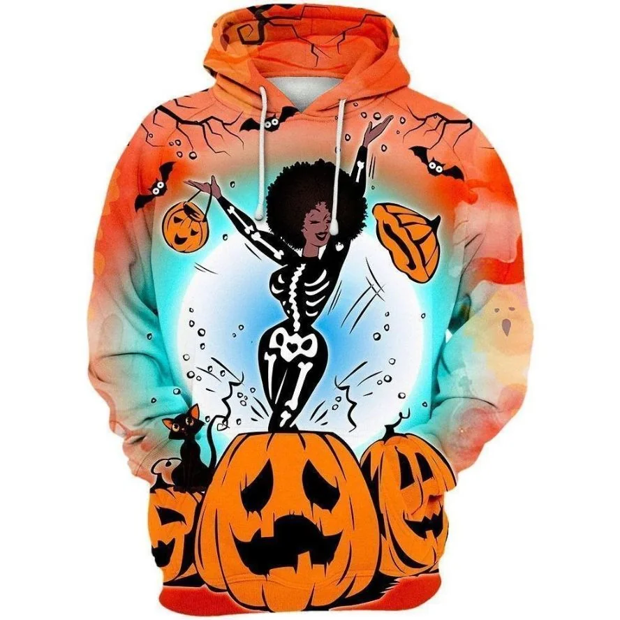 Cute Black Girl Skeleton 3d Hoodie With Pumpkins And Black Cat Design