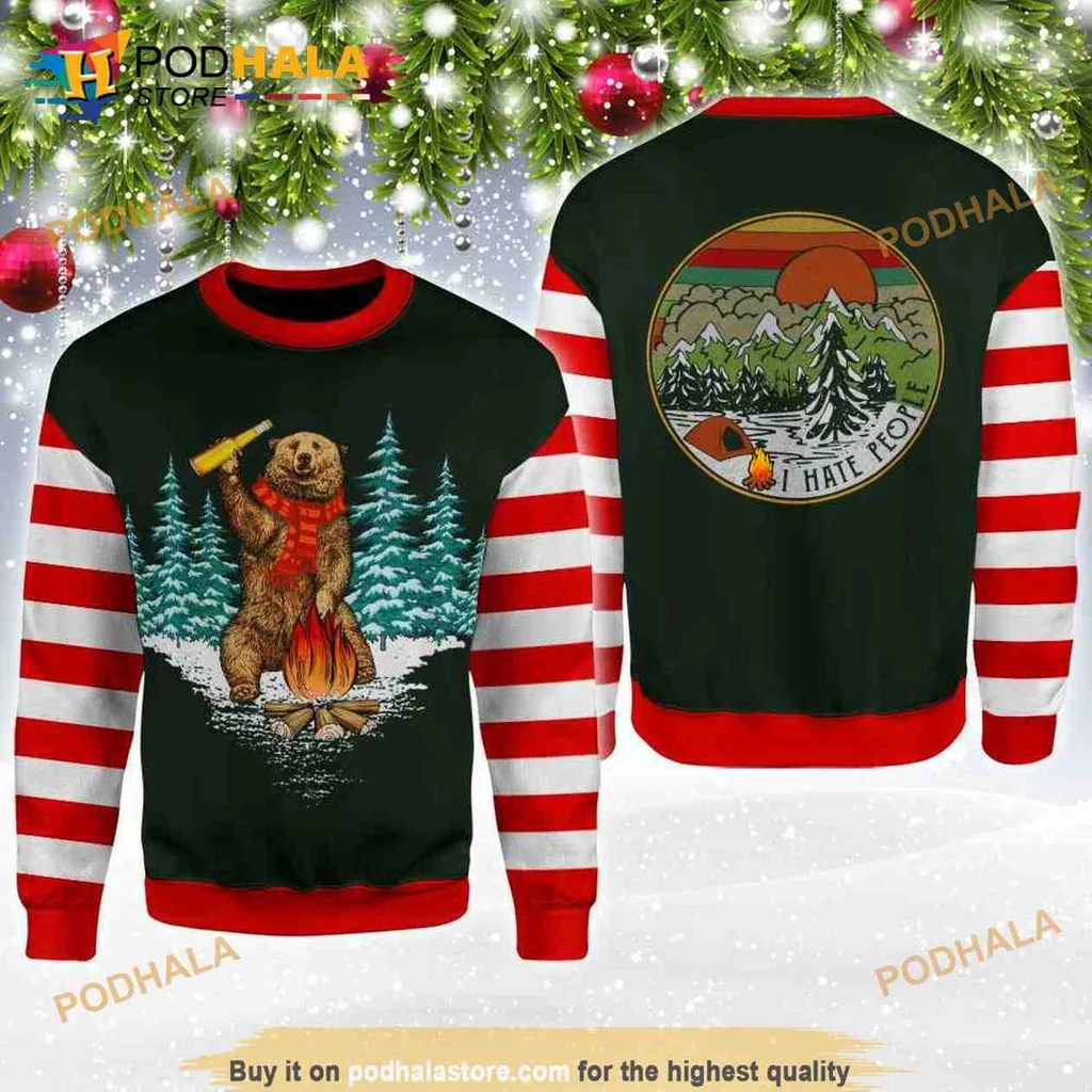 Cute Camping Bear 3d Hoodie With Campfire And Sunset Design