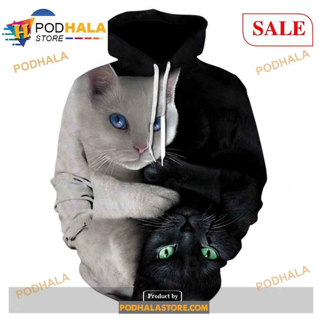 Cute Cats 3d Hoodie Featuring Embracing White And Black Cats Design
