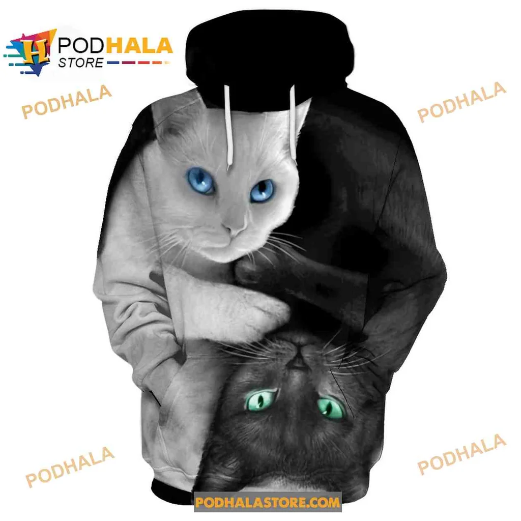 Cute Cats 3d Hoodie Featuring Playful White And Dark Cat Faces