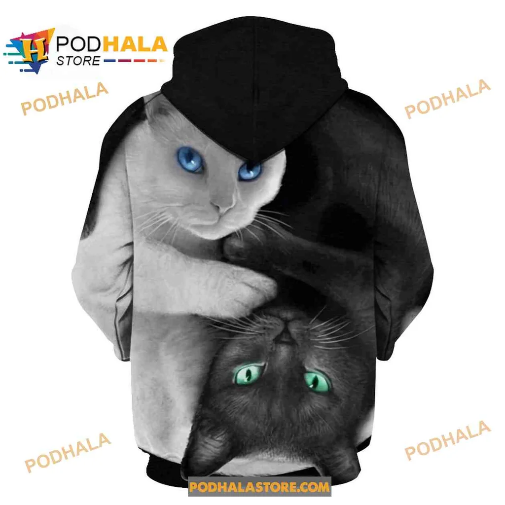 Cute Cats All Over Print Hoodie Featuring Playful White And Dark Cat Faces Cute Cats All Over Print Hoodie Featuring Playful White And Dark Cat Faces