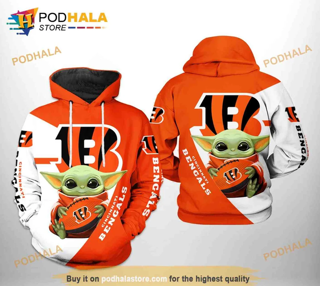 Cute Cincinnati Bengals Baby Yoda 3d Hoodie Featuring Team Colors