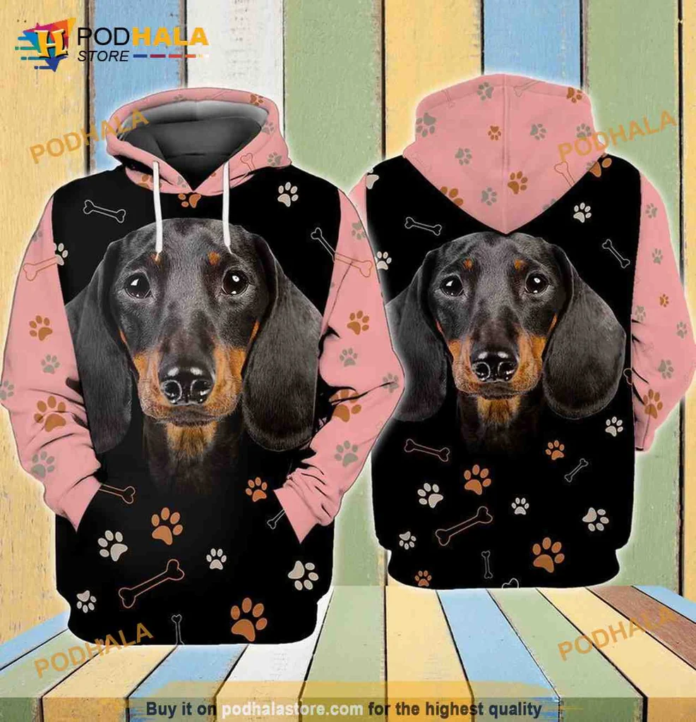 Cute Dachshund Face 3d Hoodie With Playful Paw Prints And Bones