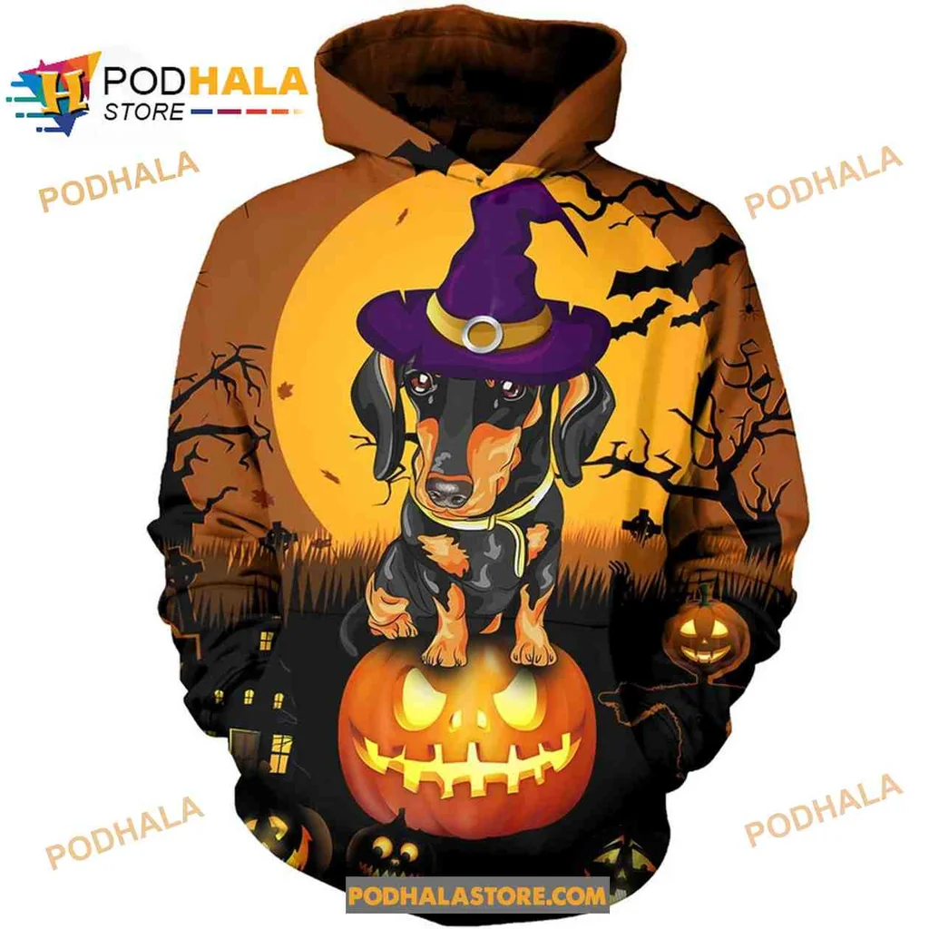 Cute Dachshund Halloween 3d Hoodie With Pumpkin And Witch Hat Design