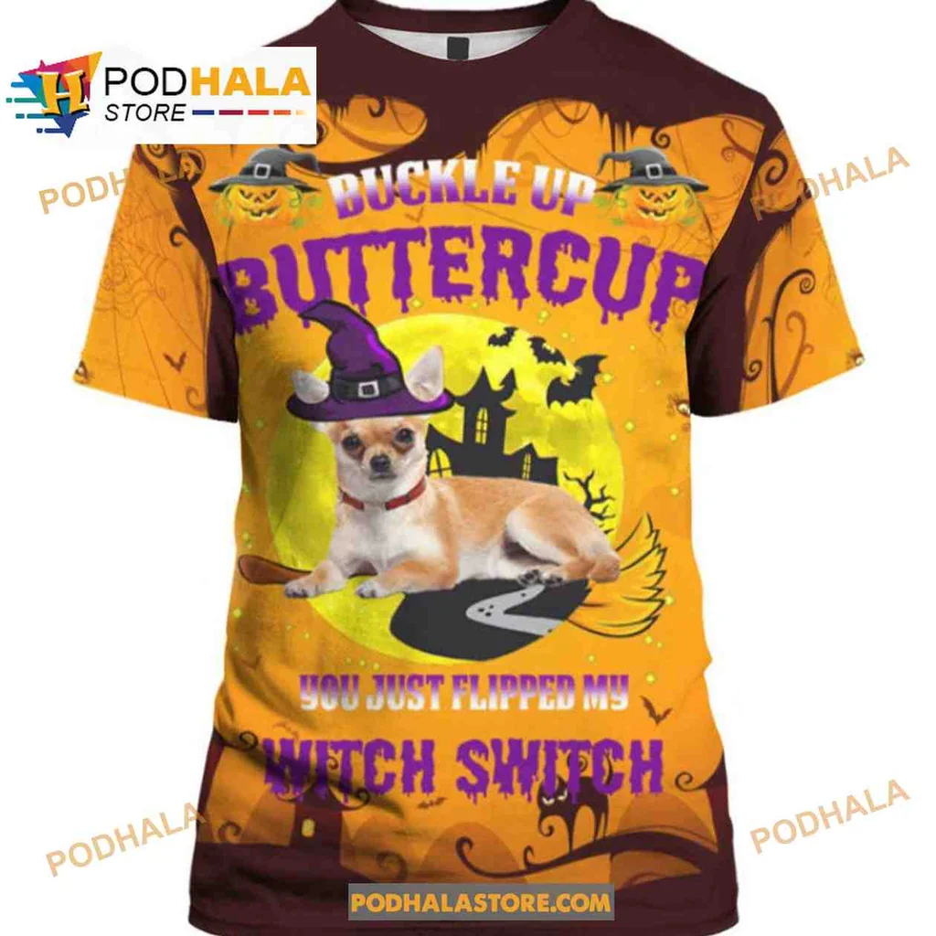 Cute Dog Witch Halloween 3d Hoodie With Buckle Up Buttercup Design