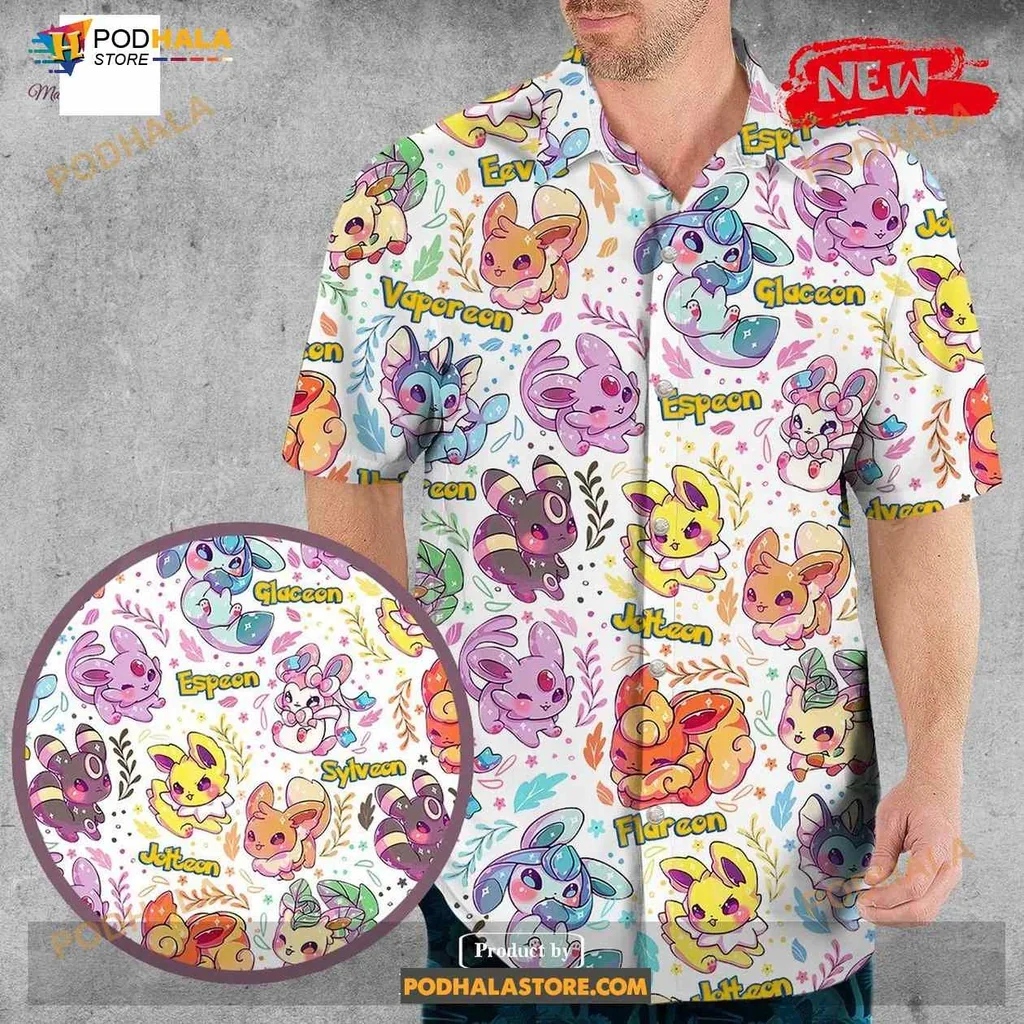 Cute Eevee Evolution Hawaiian Shirt Featuring Vaporeon, Jolteon, Flareon