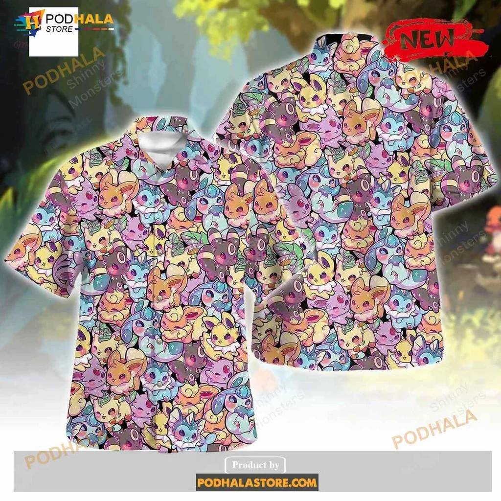 Cute Eevee Evolution Pattern Hawaiian Shirt Featuring Playful Cartoon Characters