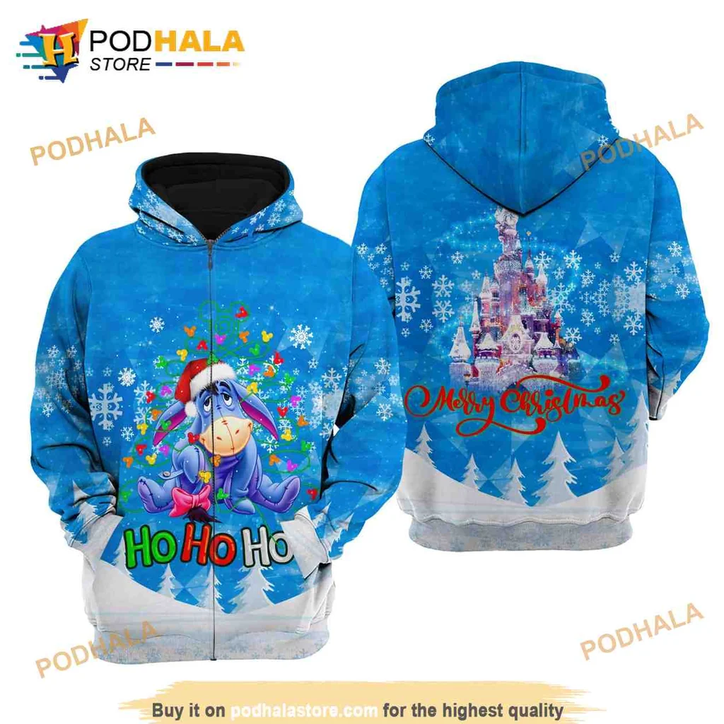 Cute Eeyore Christmas 3d Hoodie With Ho Ho Ho Design And Merry Christmas Text