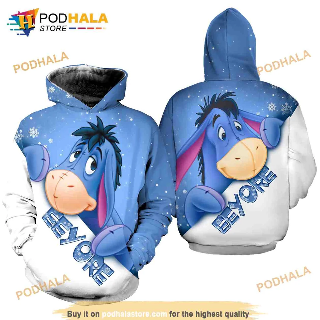 Cute Eeyore Donkey Christmas 3d Hoodie With Snowflakes And Cheerful Design