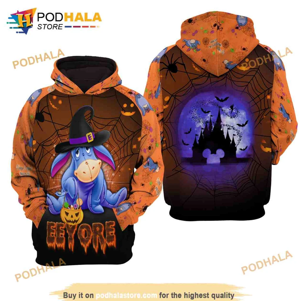 Cute Eeyore Halloween 3d Hoodie With Witch Hat And Pumpkin Design