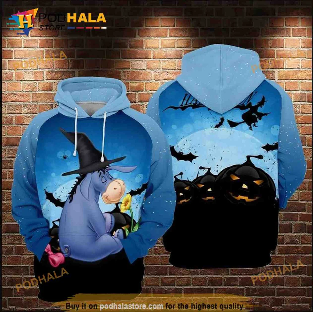 Cute Eeyore Halloween 3d Hoodie With Witch Hat And Pumpkins