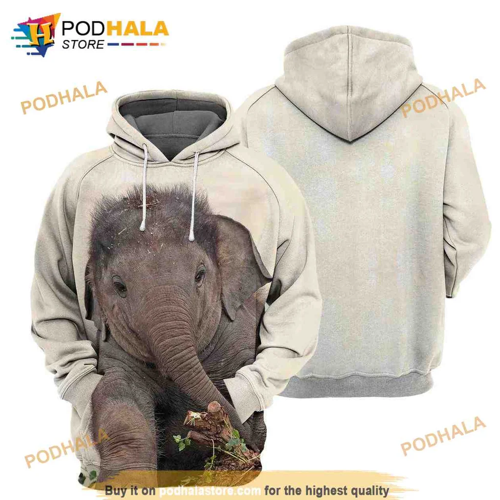 Cute Elephant 3d Hoodie, Playful Young Elephant Design Sweatshirt