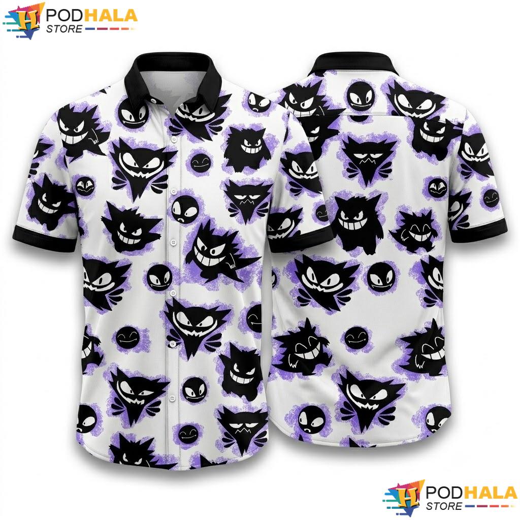 Cute Gengar Ghost Hawaiian Shirt Kawaii Pattern Anime Summer Apparel