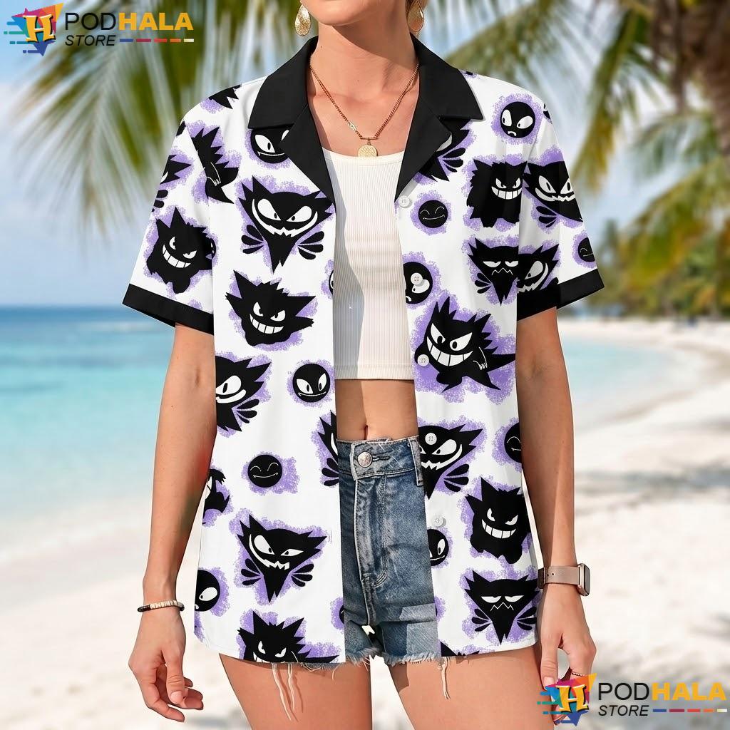 Cute Gengar Ghost Short-sleeve button-up shirt Kawaii Pattern Anime Summer Apparel Cute Gengar Ghost Short-sleeve button-up shirt Kawaii Pattern Anime Summer Apparel