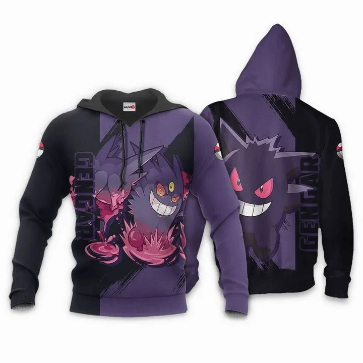 Cute Gengar Pokemon 3d Hoodie, Playful Ghost Design In Dark Purple