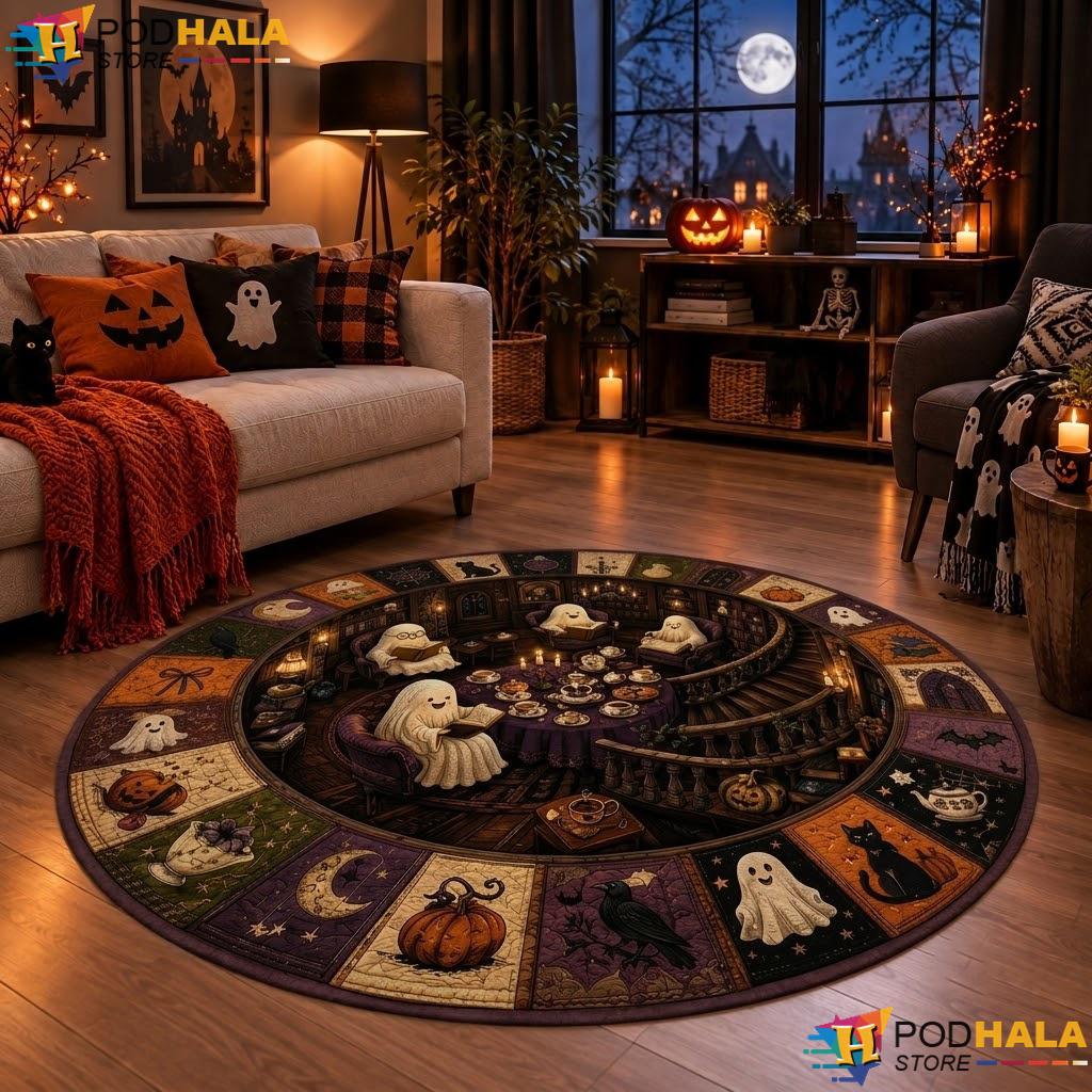 Cute Ghost Illusion Halloween Round Area Rug 3D Spooky Living Room Decor - View 1 Cute Ghost Illusion Halloween Round Area Rug 3D Spooky Living Room Decor - View 1