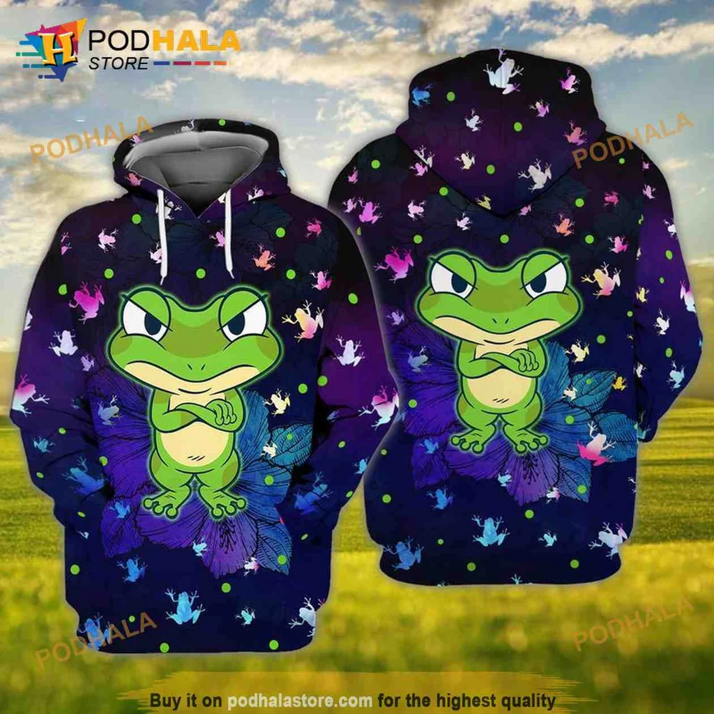 Cute Green Frog 3d Hoodie With Colorful Butterflies And Polka Dots