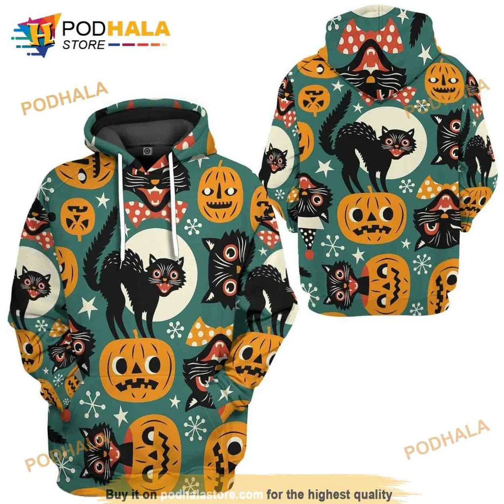 Cute Halloween Black Cats 3d Hoodie Featuring Playful Pumpkins And Colorful Stars