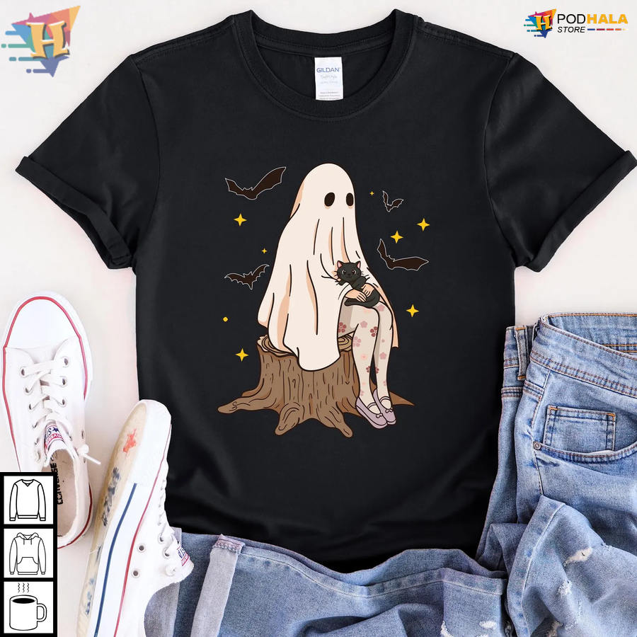 Funny Halloween Shirts Featuring Ghost Cat Girl And Quote Spooky But Soft