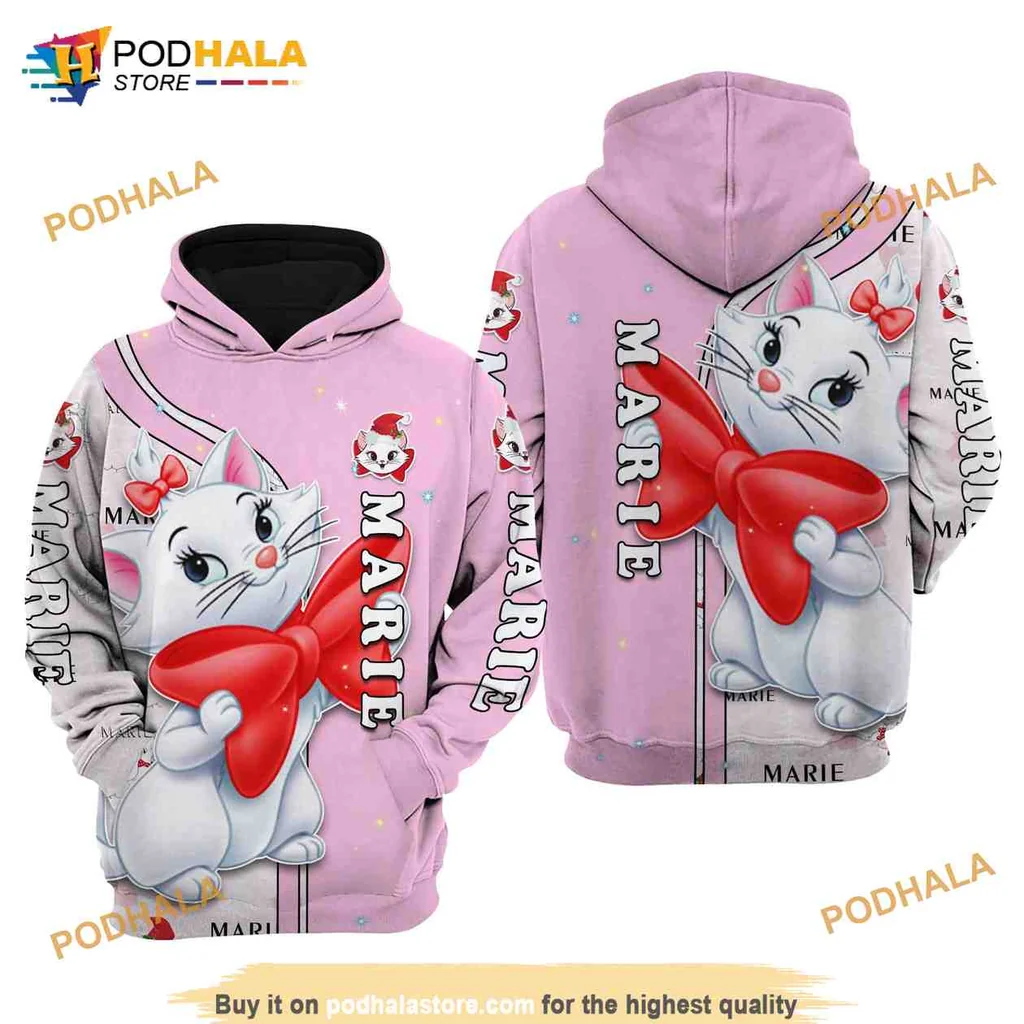 Cute Marie Cat Christmas 3d Hoodie With Santa Hat And Cheerful Bow
