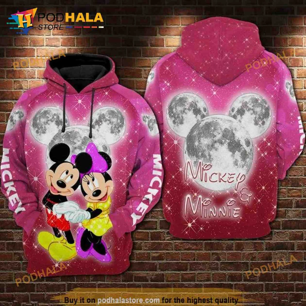 Cute Mickey And Minnie Moon 3d Hoodie With Whimsical Night Sky Design