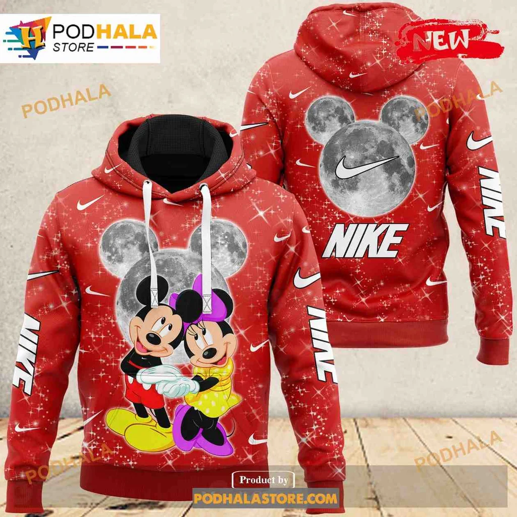 Cute Mickey And Minnie Mouse 3d Hoodie, Vibrant Red Design With Nike Logo