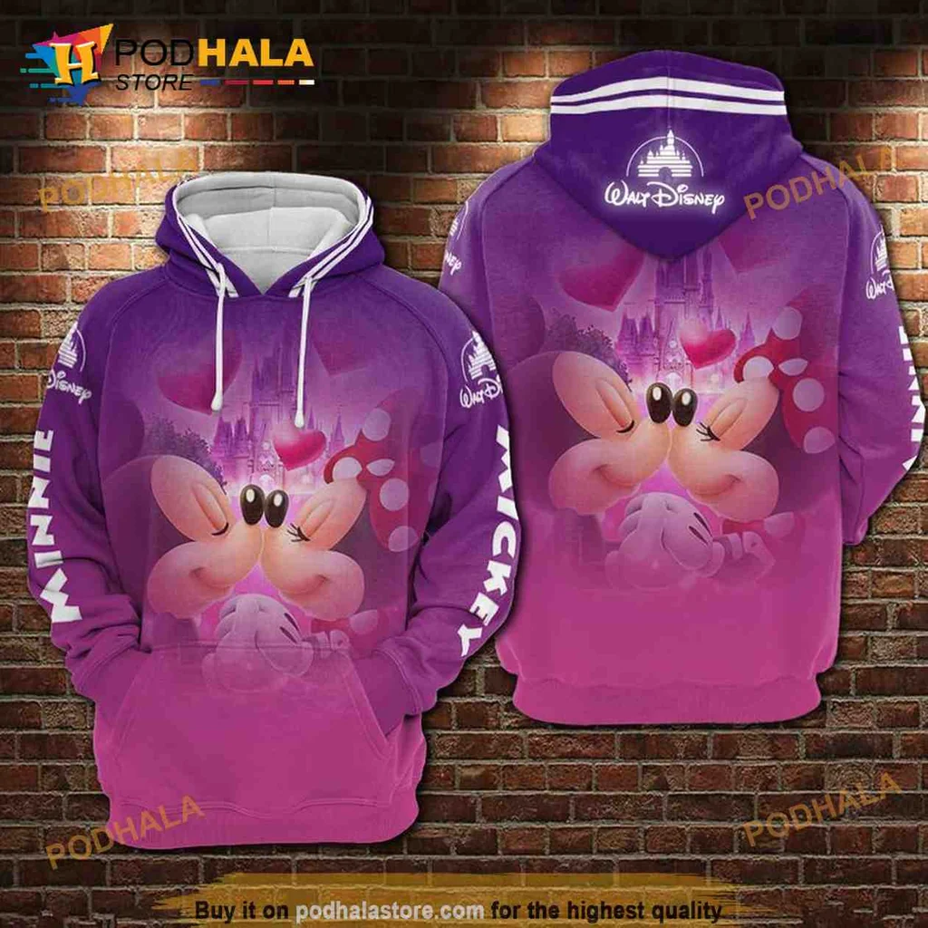 Cute Mickey And Minnie Mouse 3d Hoodie With Romantic Hearts And Disney Castle