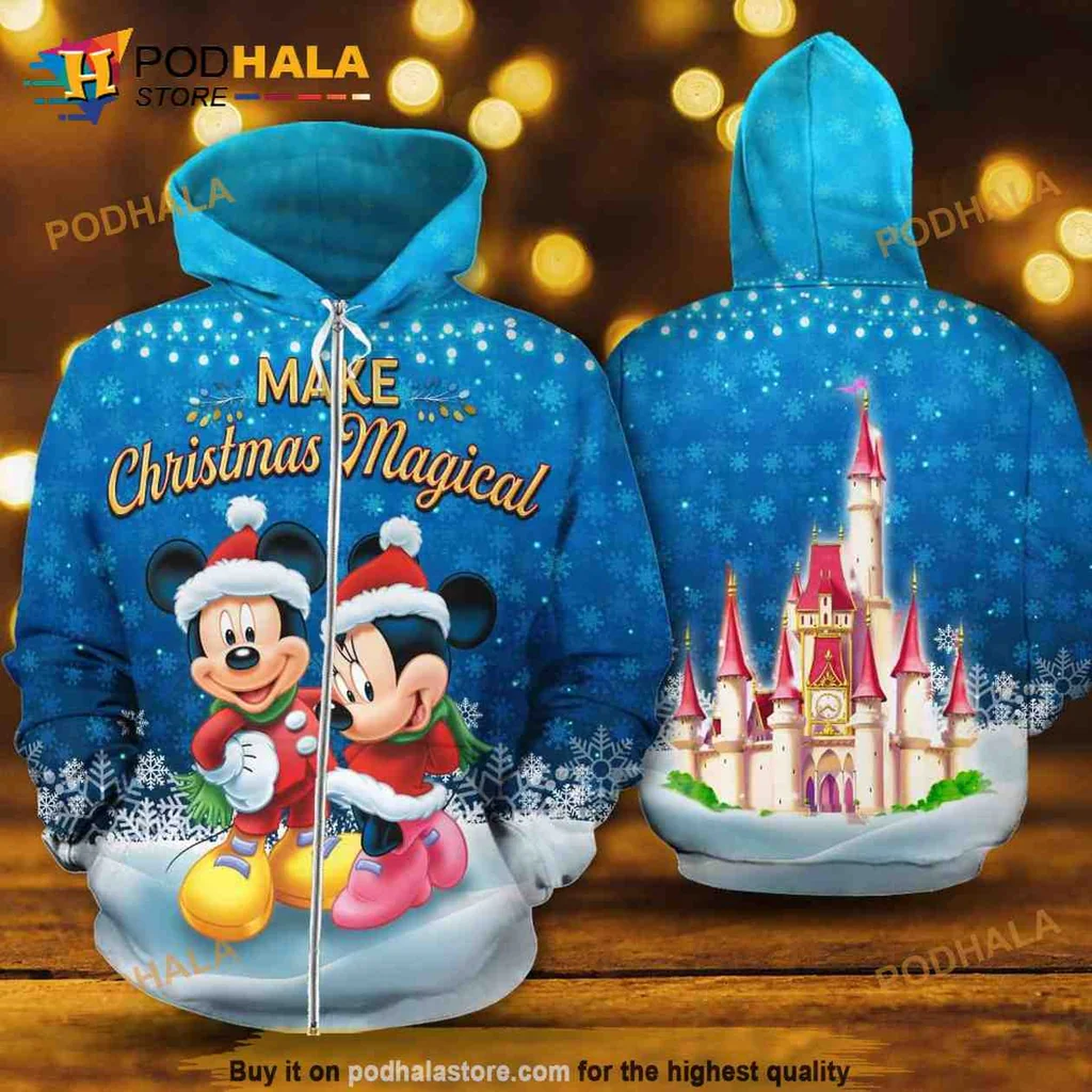 Cute Mickey Minnie Christmas 3d Hoodie With Snowflakes And Whimsical Castle