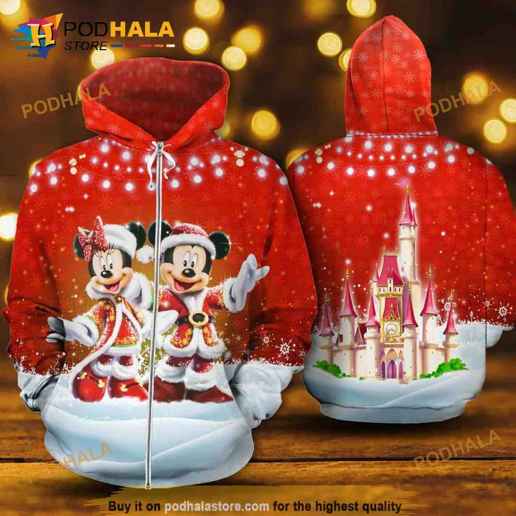 Cute Mickey Minnie Christmas Hoodie With Snowflakes And Whimsical Castle
