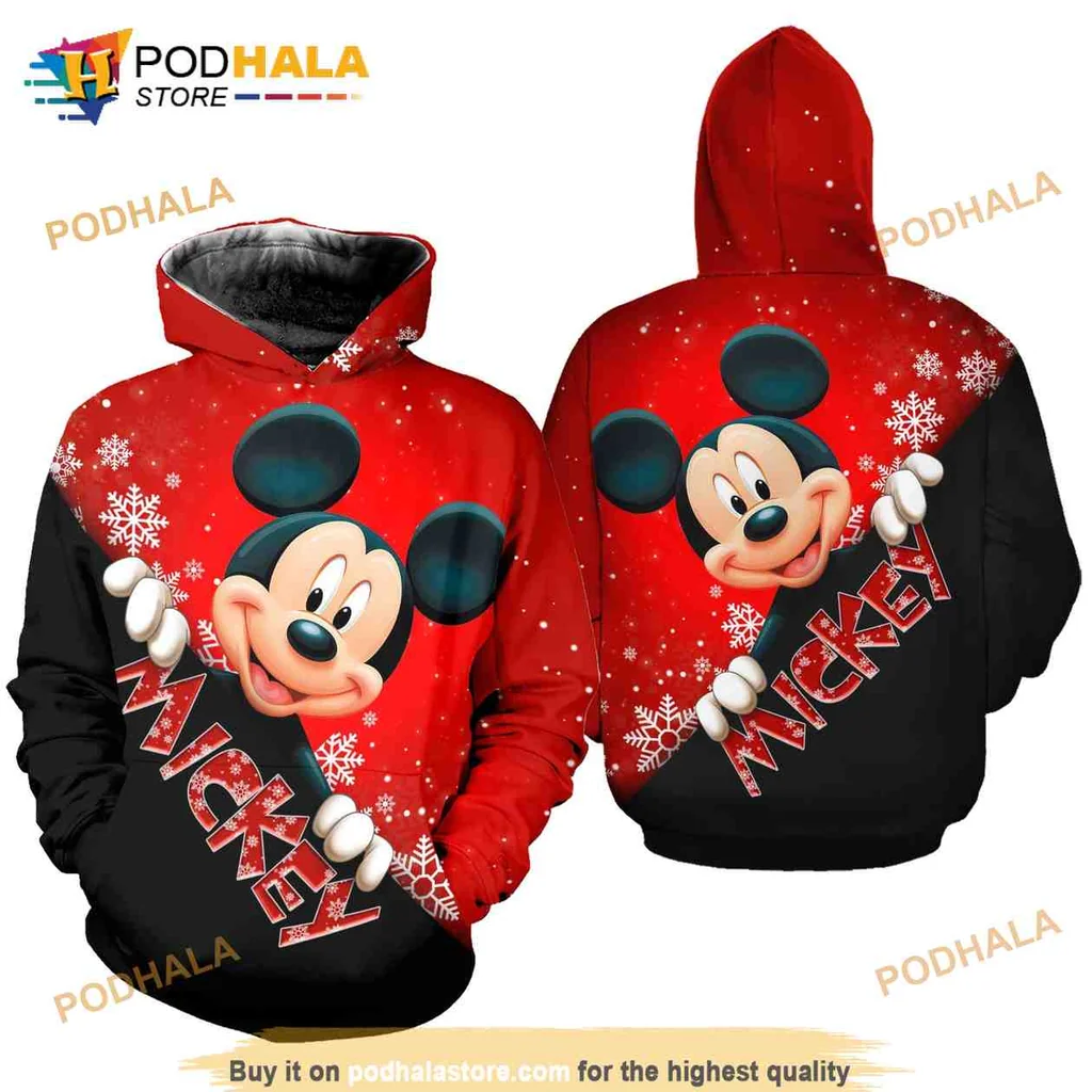Cute Mickey Mouse Christmas 3d Hoodie With Snowflakes And Glittering Design