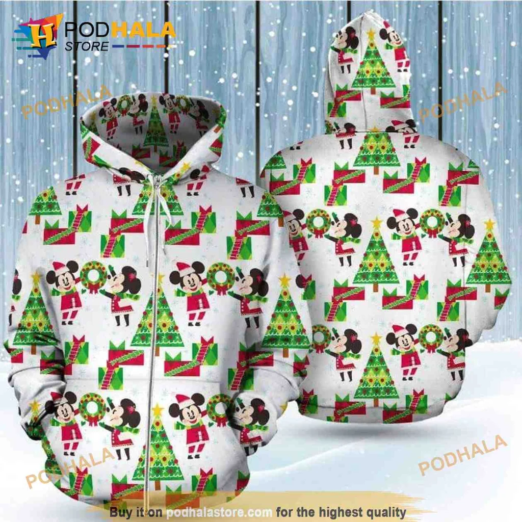 Cute Mickey Mouse Christmas Tree 3d Hoodie With Colorful Holiday Design