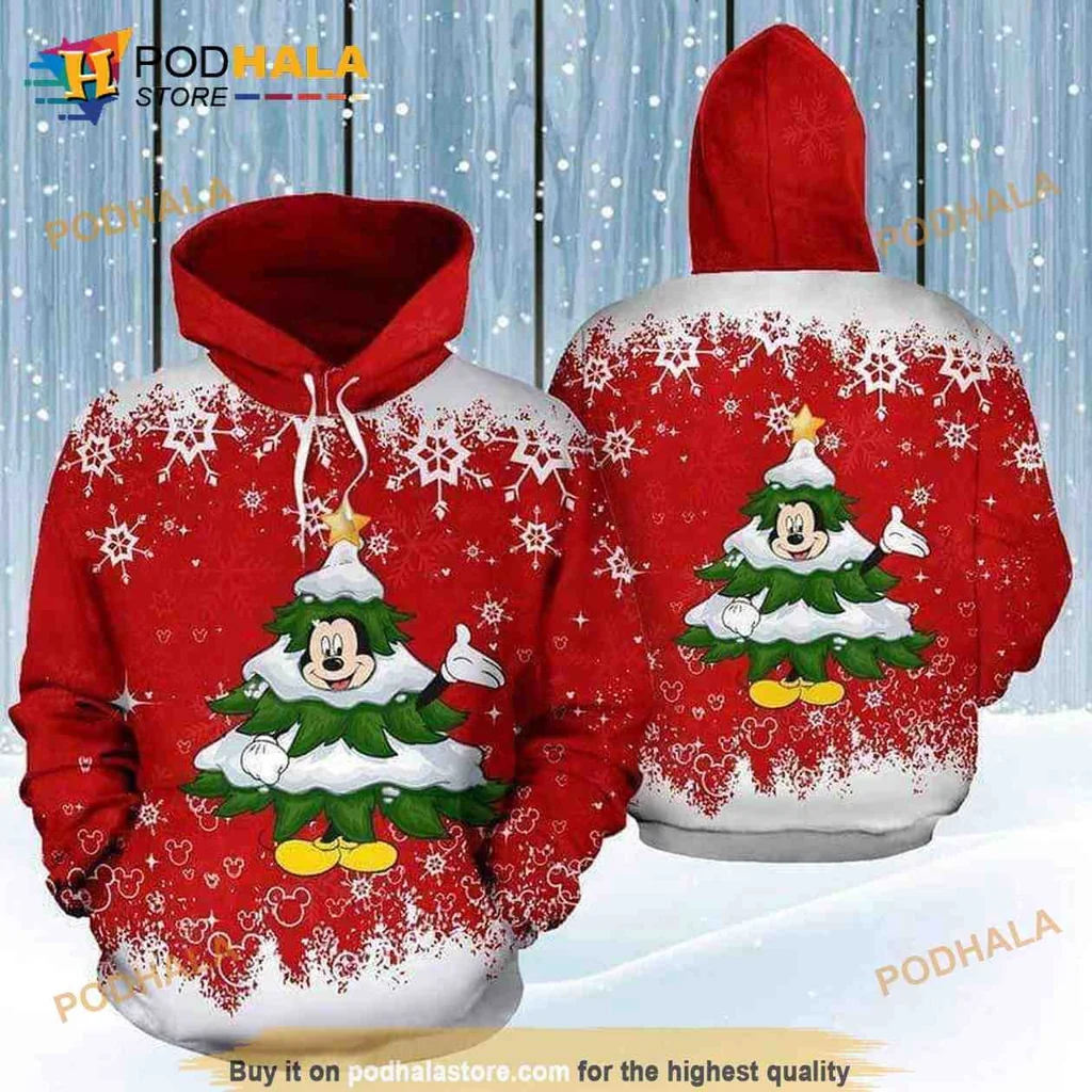 Cute Mickey Mouse Christmas Tree 3d Hoodie With Festive Snowflakes Design